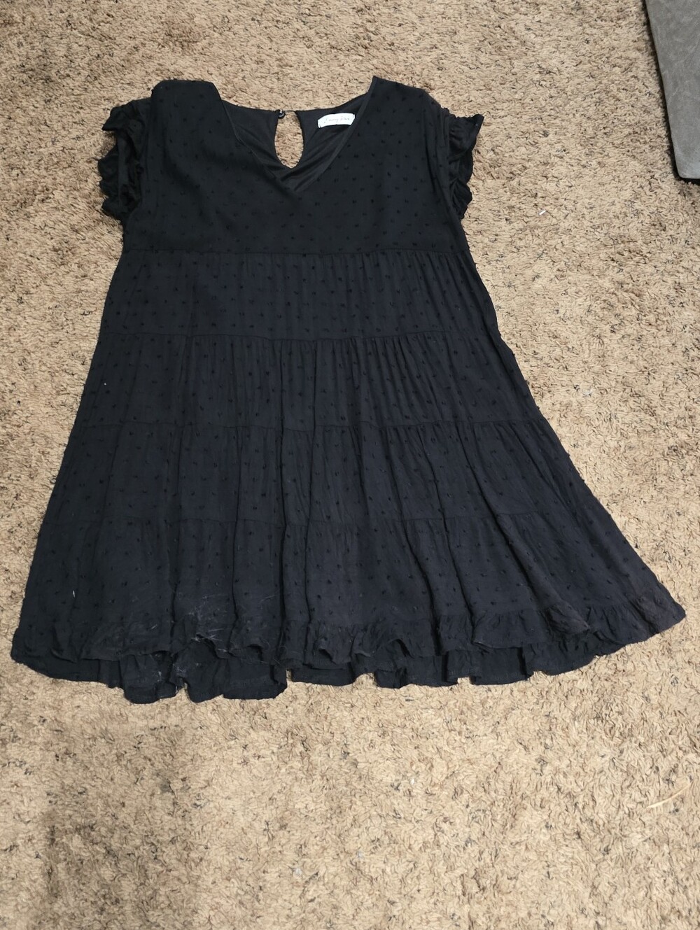 emory park Black Ruffled Cap-Sleeve Tiered Dot Dress